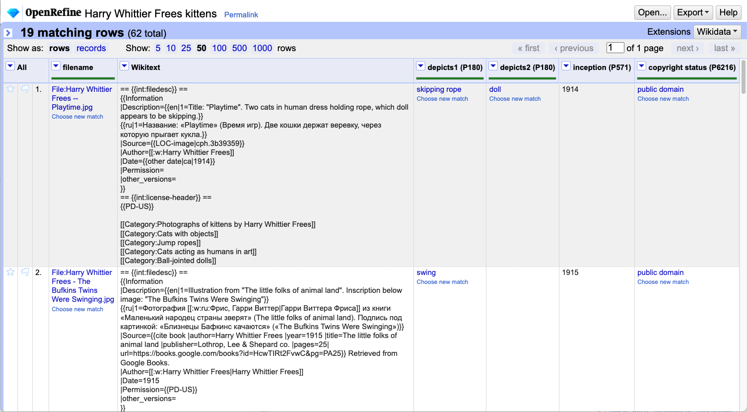 A typical OpenRefine project with Commons files and some structured data.